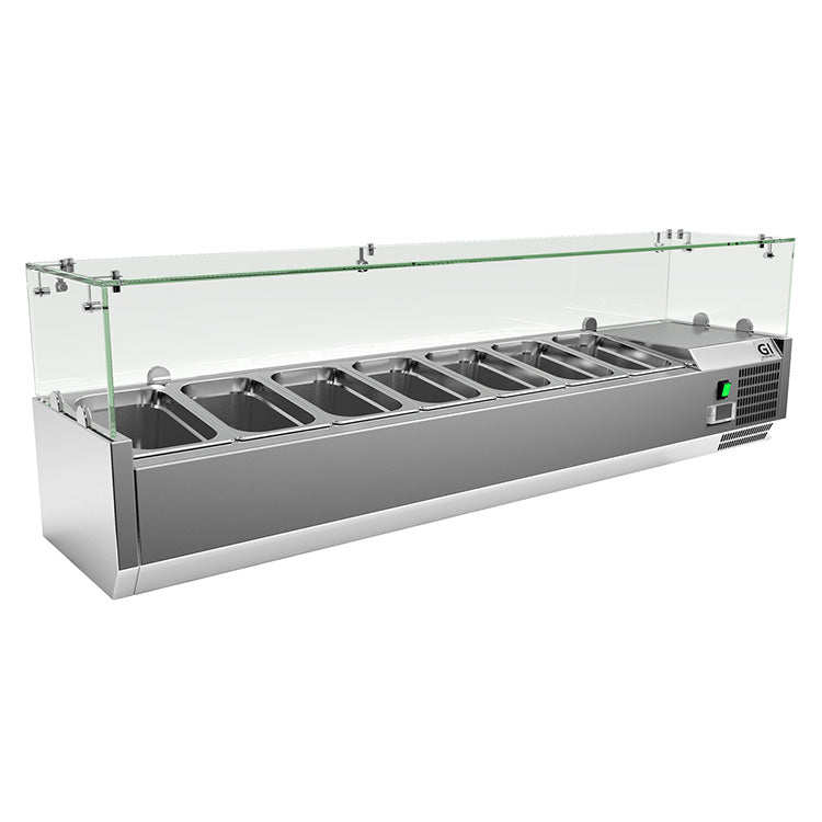 Gastro-Inox opzetkoelvitrine 7x GN 1/4 met glasopstand – saladette voor toonbank