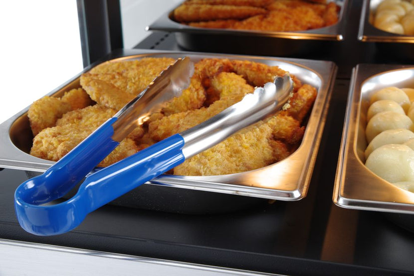 Hendi RVS serveertang 25 cm blauwe greep – buffettang voor veilige kleurcodering
