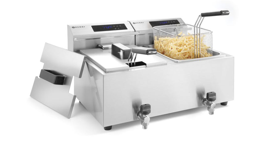 Hendi digitale dubbelfriteuse 2x8 l – RVS frituurtoestel met aftapkranen