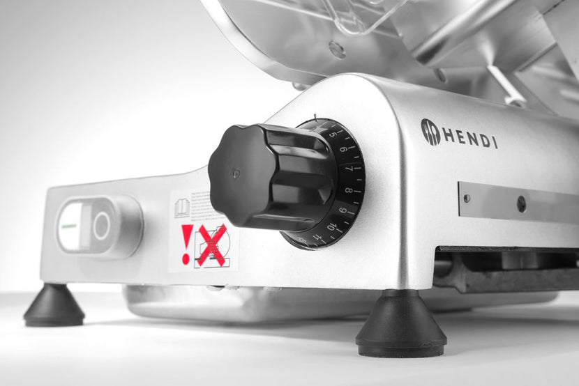 Hendi snijmachine 220 mm in zijaanzicht – stevige machine voor restaurantkeuken