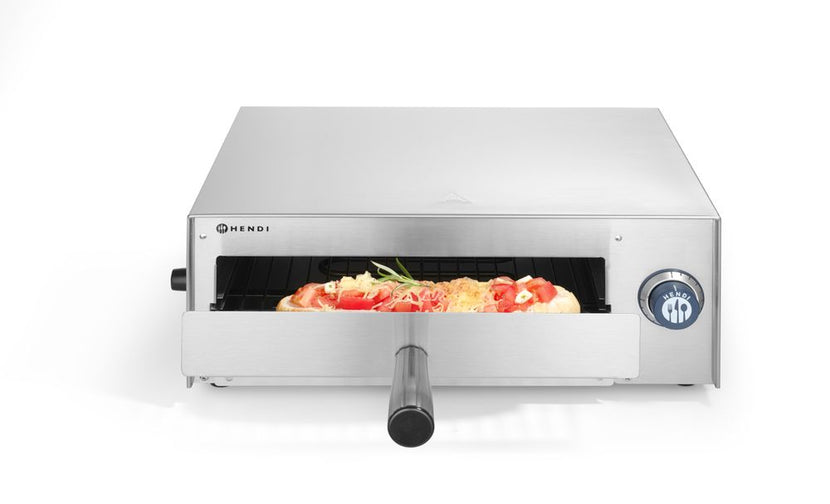 Geopende Hendi pizzaoven 230V met zicht op de bakkamer en verwarmingselementen