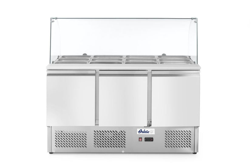 Hendi saladette 3 deurs met glazen vitrine – 380 liter koelwerkbank voor keuken en buffet