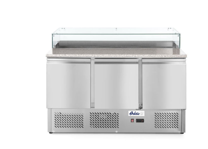 Hendi pizzawerkbank 3 deurs – 570 liter met 8x GN 1/6 opzetkoeling voor pizzeria