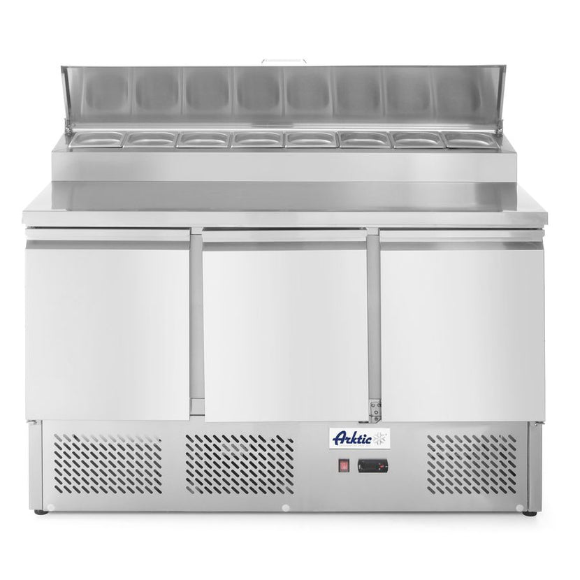 Hendi saladette 3 deuren met verhoogde GN-vitrine – 380 liter koelwerkbank voor keuken