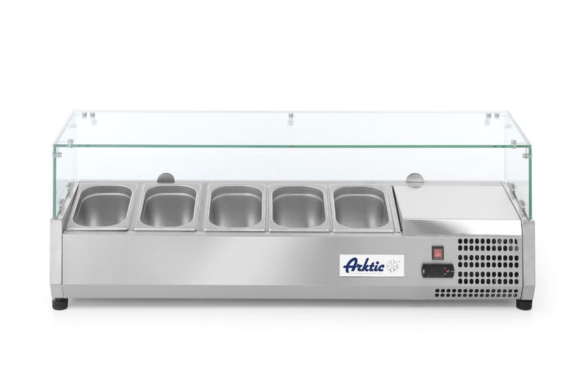 Hendi koelvitrine rvs 5x GN 1/4 met gehard glazen kap 230V – opzetvitrine voor buffet