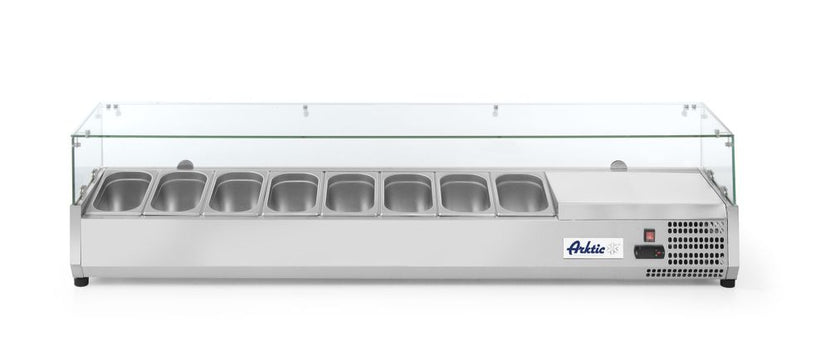 Hendi koelvitrine rvs 9x GN 1/4 met gehard glazen kap voor toonbank en saladebar