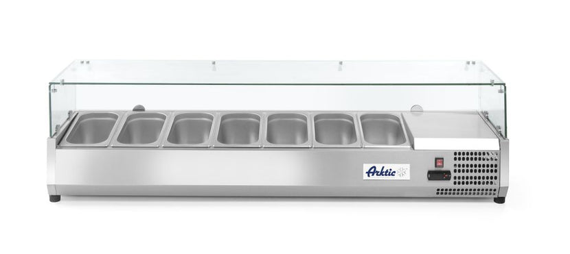 Hendi opzetkoelvitrine 7x GN 1/3 met gehard glazen kap voor buffet en cateringlijn