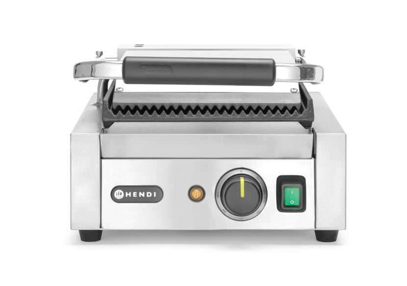 Geopende Hendi contactgrill met zicht op de geribde grillplaten
