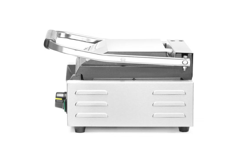 Geopende Hendi contactgrill met geribde boven- en gladde onderplaat