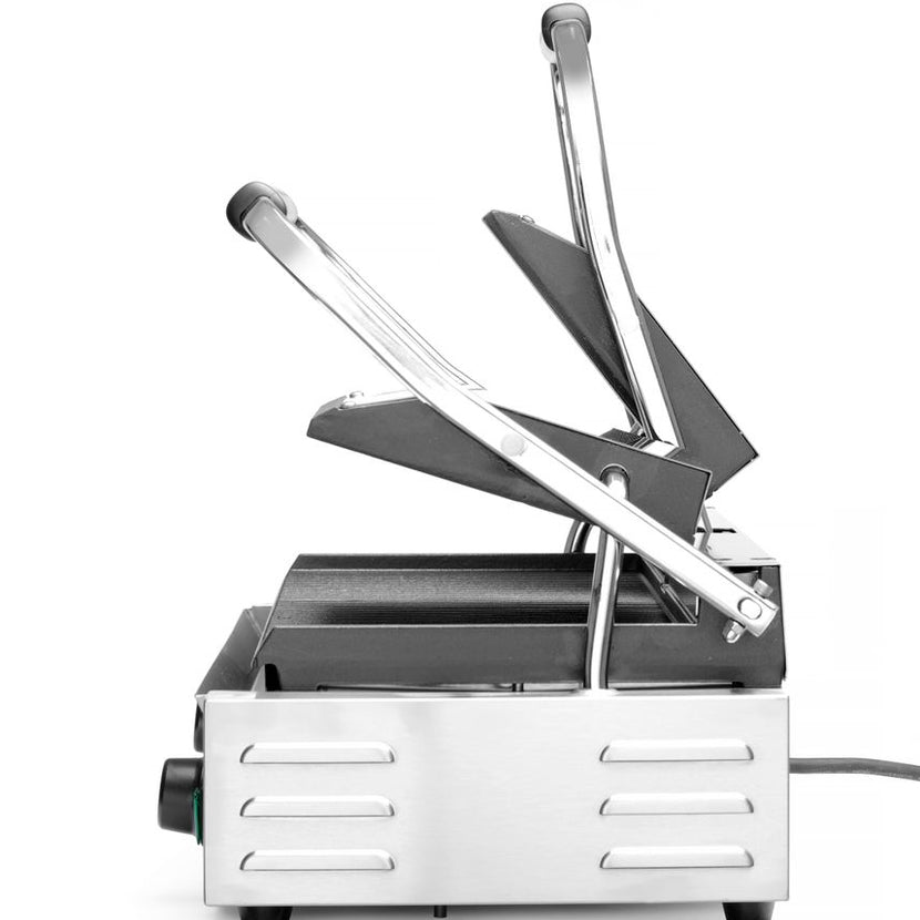 Geopende Hendi dubbele contactgrill met zicht op beide grillplaten