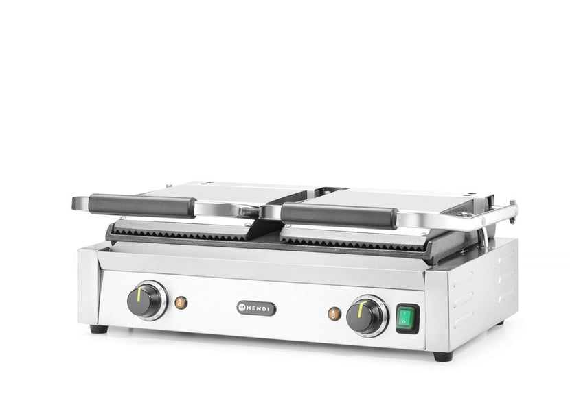 Geopende Hendi dubbele contactgrill met geribde en gladde platen