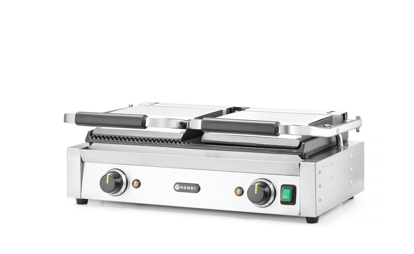 Geopende Hendi dubbele contactgrill met gecombineerde grillplaten