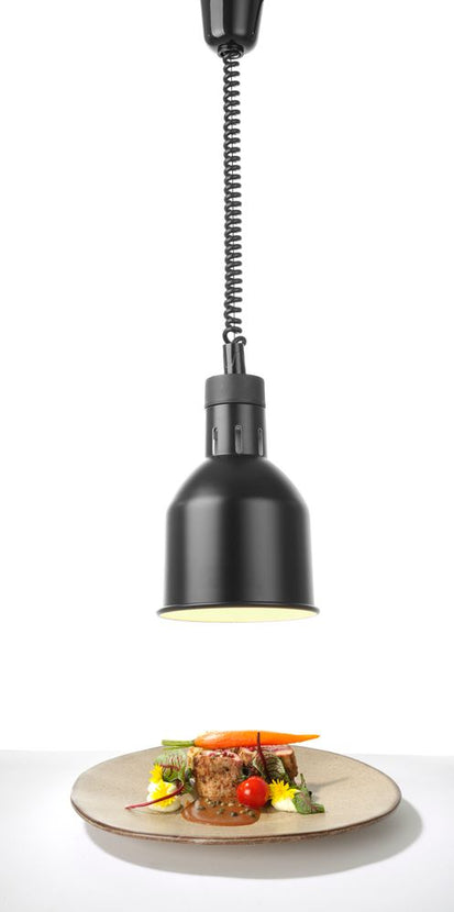 Zwarte cilindrische warmhoudlamp van Hendi aan ketting voor restaurant en kantine