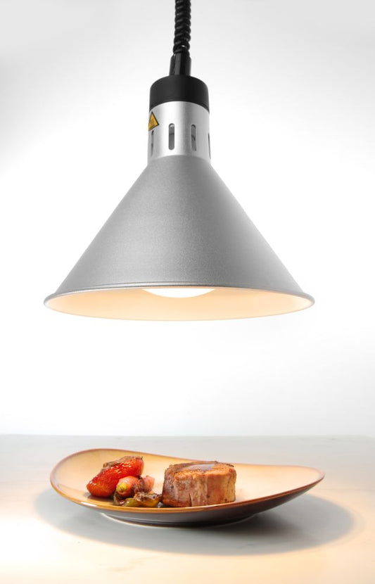 Zilverkleurige conische warmhoudlamp van Hendi voor buffet en front cooking