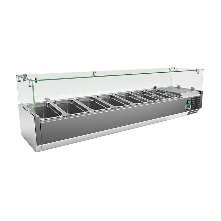 Gastro-Inox RVS opzetkoeling 7x GN 1/3 met glasopstand – koelvitrine voor horeca