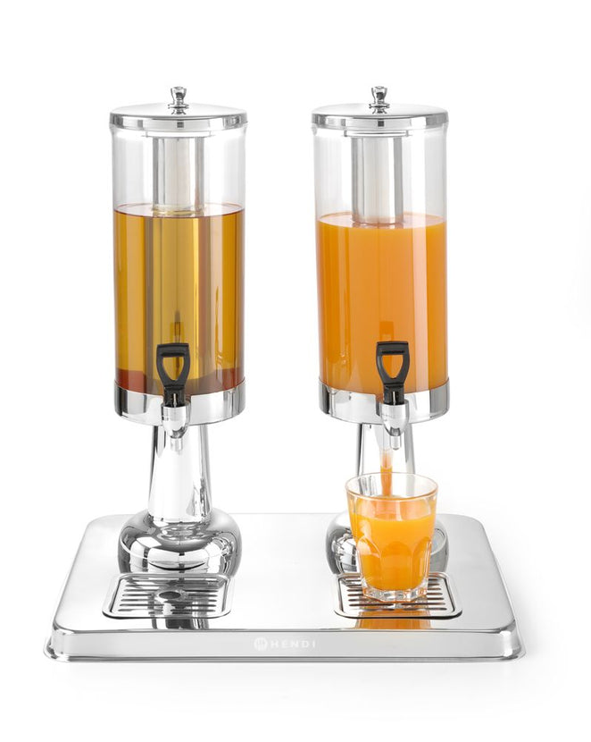 Dubbele sapdispenser 2x3 l van Hendi met transparante tanks voor het buffet
