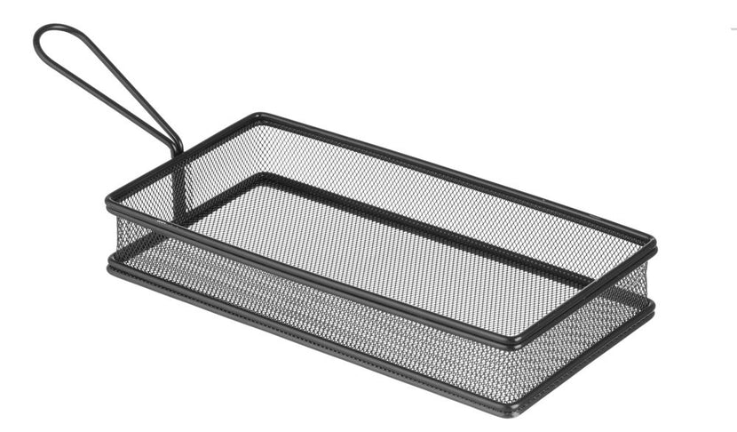 Langwerpig zwart frituurmandje van Hendi in close-up voor brood en bijgerechten