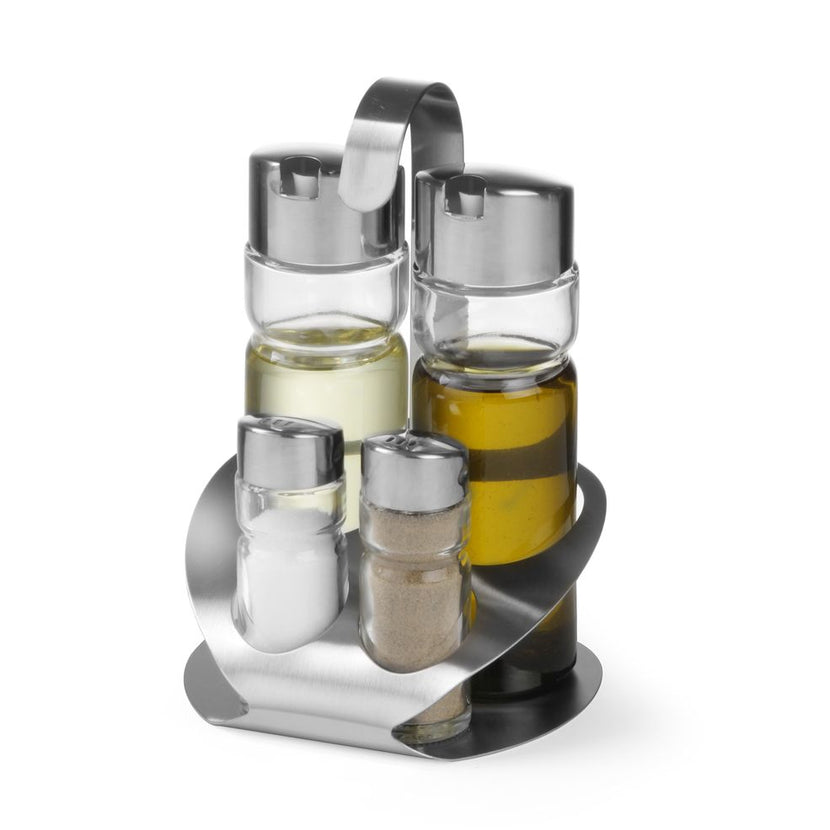 Hendi menage 4-delig Luxe met olie, azijn, peper en zout – complete tafelset voor restaurant