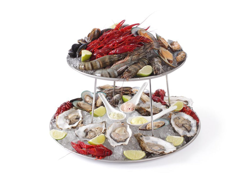 Hendi RVS zeevruchtenetagere met twee dienbladen – presentatie van oesters en schaaldieren