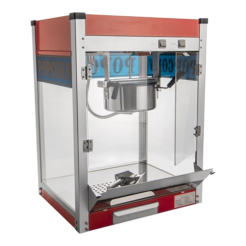 EMGA Popcornmachine van opzij – verwarmde ketel en vitrine voor verse popcorn