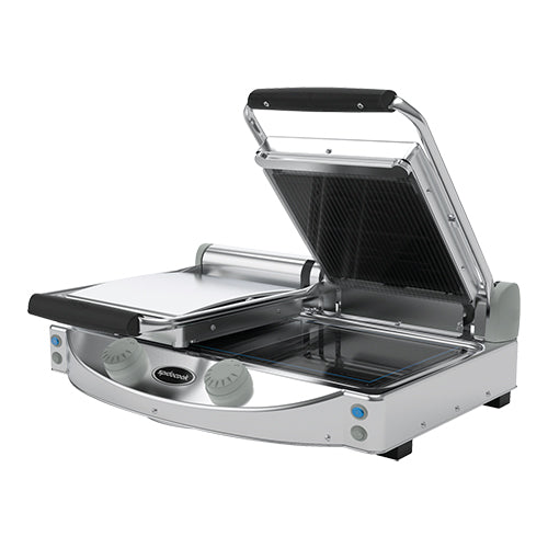 EMGA contactgrill Ceram-II P020PR – dubbele geribbelde contactgrill met grillstrepen voor restaurantkeukens