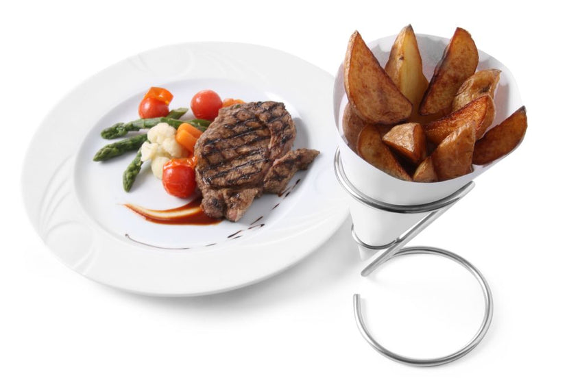 Hendi friteszakhouder RVS in gebruik – friet serveren aan de balie van de cafetaria