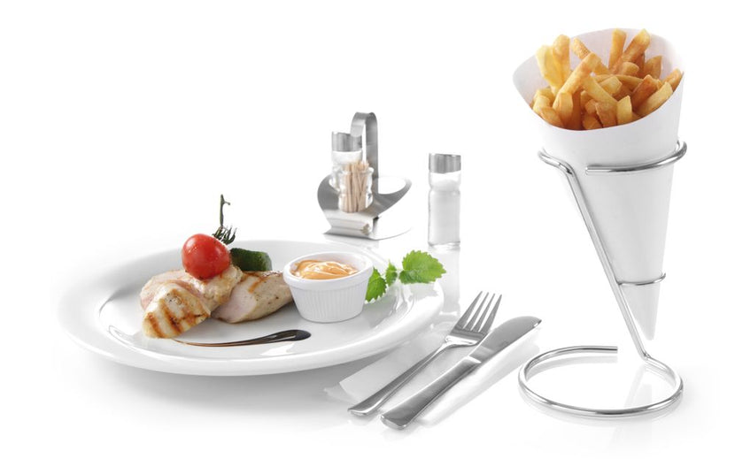 Roestvrijstalen Hendi friteszakhouder van bovenaf – stabiele standaard voor patatzakken