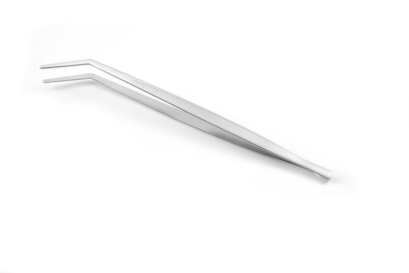 Hendi gekromde pincet 305 mm RVS – detail van de gebogen punten voor werken in diepe pannen