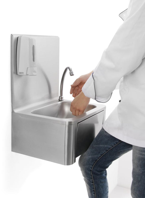 Hendi wasbak met kniebediening en zeepdispenser 340x400x595 mm – rvs handwasbak voor de horecakeuken