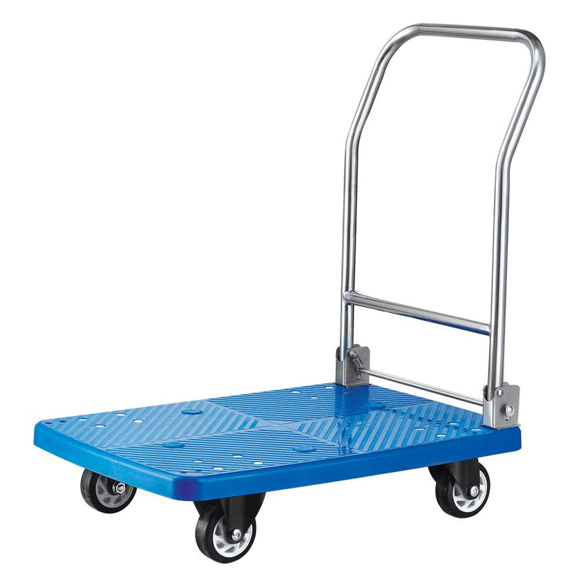 Hendi platformwagen 730x480 mm – detail van het laadvlak en de zwenkwielen voor magazijngebruik