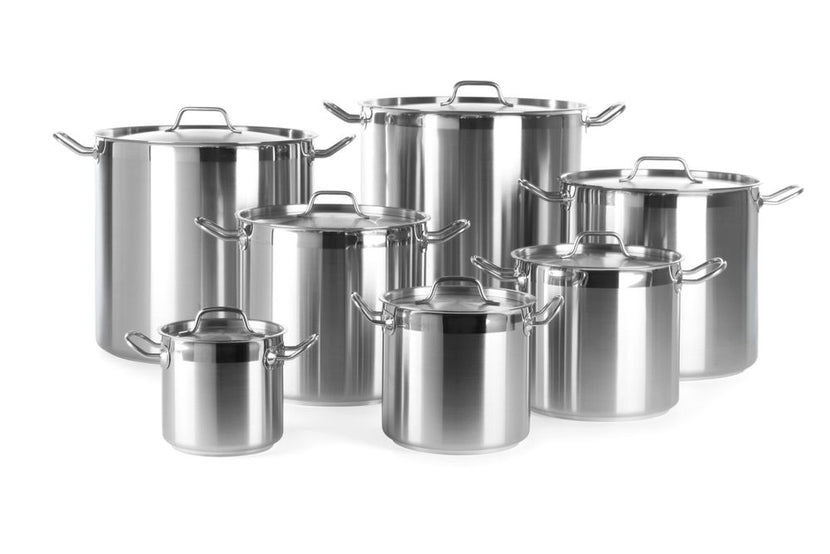 Hoge rvs kookpan Hendi 6 liter met deksel en stevige grepen voor bouillon en soep