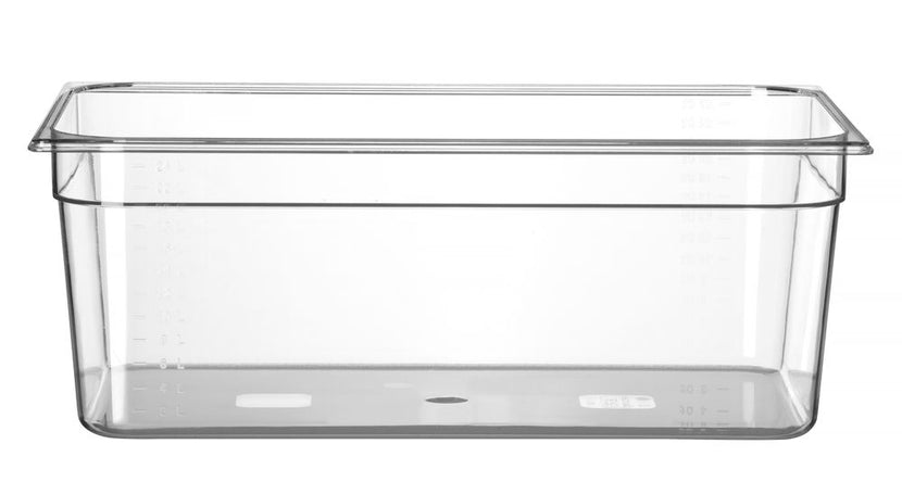 Transparante GN 1/1 bak Hendi 200 mm diep voor voedselopslag in koeling en saladette