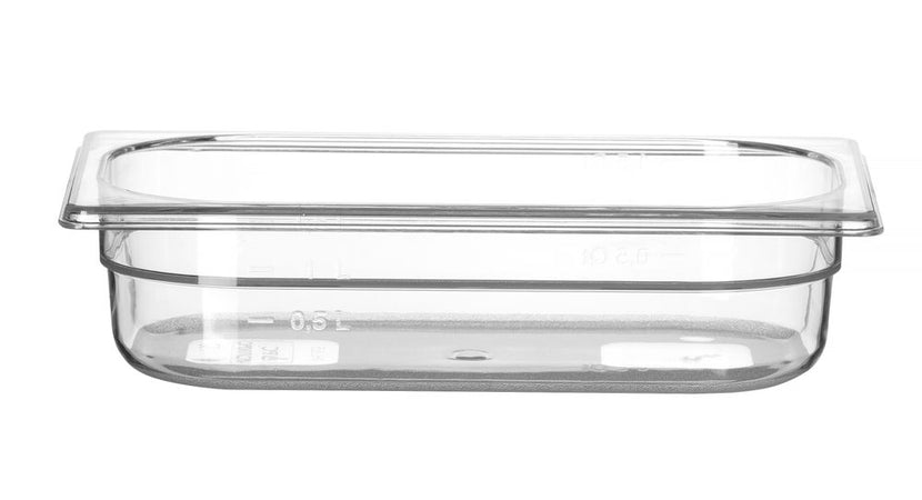 Hendi gastronormbak 1/4 65 mm polycarbonaat transparant – lage smalle GN-bak voor saladette