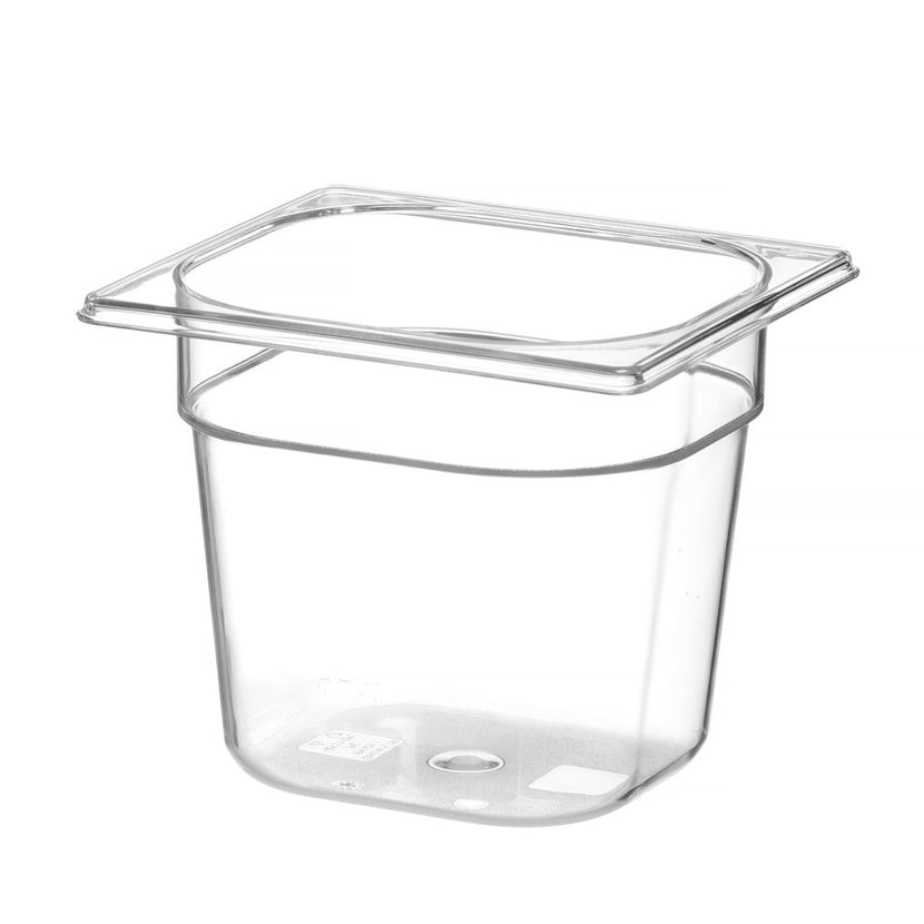 Transparante GN 1/6 bak Hendi 150 mm diep voor toppings en garnituur in de horecakeuken