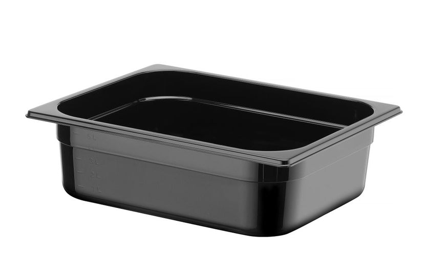 Zwarte GN 1/2 bak Hendi 100 mm diep, stapelbaar voor voedselopslag in de horeca
