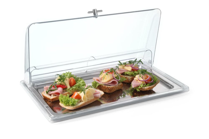 Roltop GN 1/1 deksel Hendi van transparant kunststof voor hygiënische buffetpresentatie