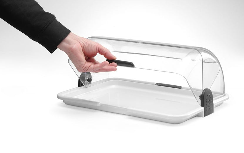 Enkele roltopvitrine Hendi met transparant rolluik voor hygiënische buffetpresentatie in de horeca