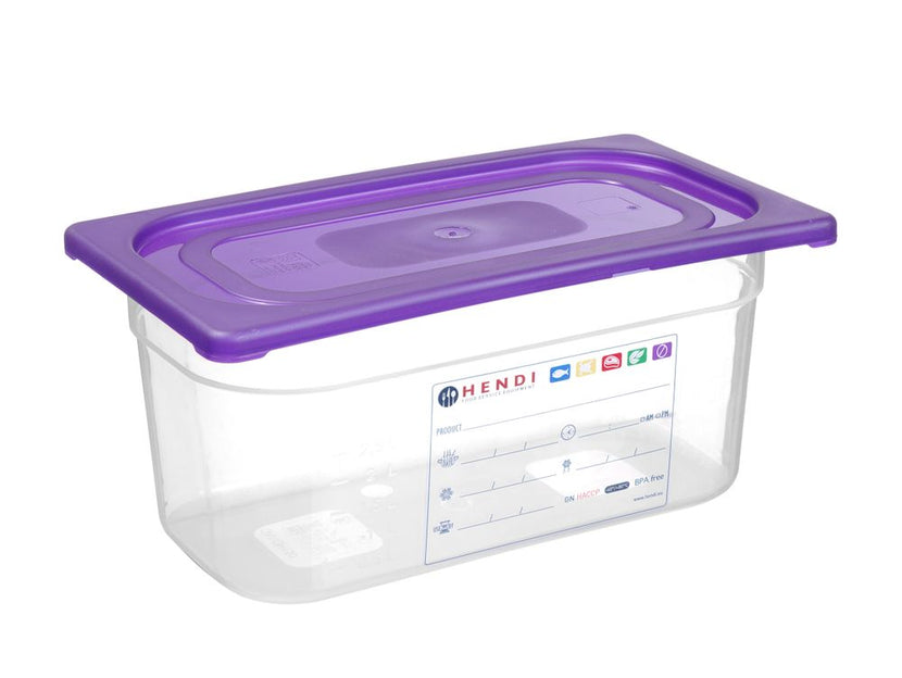 Paars GN 1/6 deksel Hendi voor allergeenvrije opslag in saladette en pizzabar