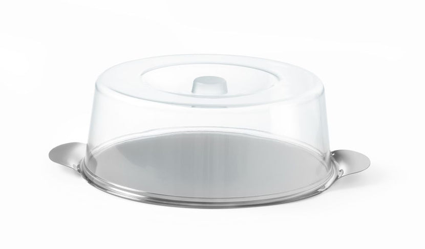 Hendi taartstolp hoog 300x110 mm – rvs plateau met transparante kap voor gebak en patisserie