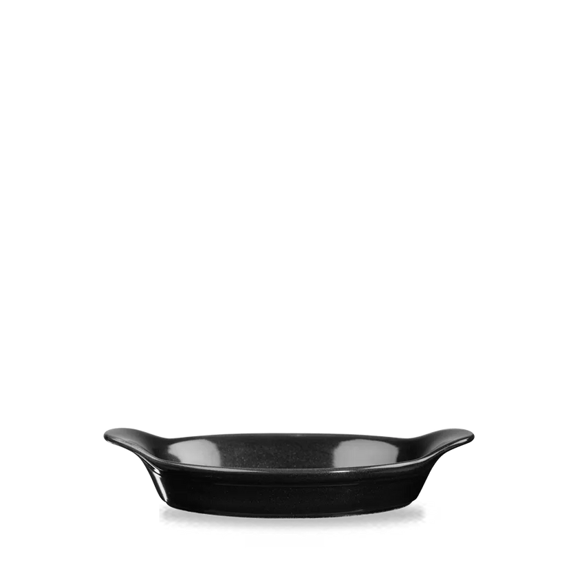 Churchill Metallic Black ovale ovenschaal met oren – zwarte keramische schaal voor de horeca