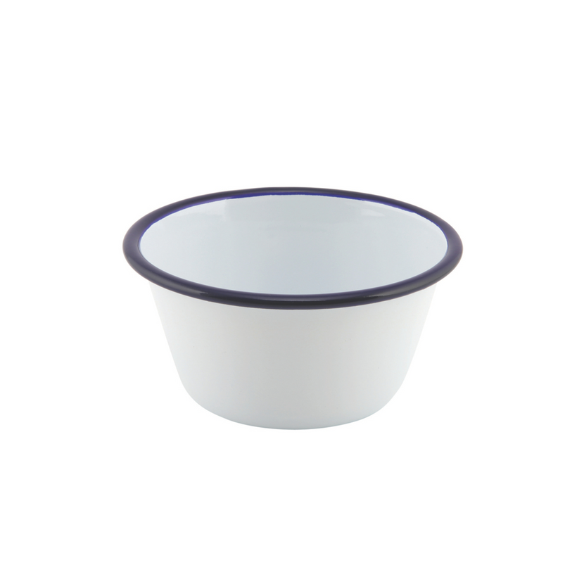 Emaille ovenschaal rond 12 cm met blauwe rand - schaaltje voor oven en serveren