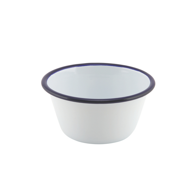 Emaille ovenschaal rond 12 cm met blauwe rand - schaaltje voor oven en serveren