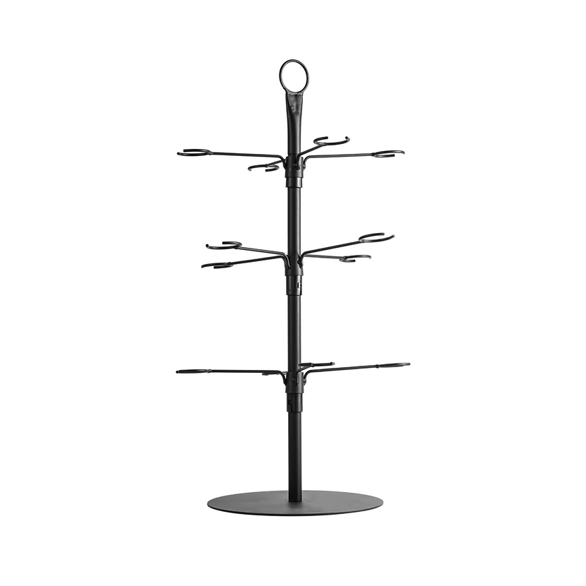 Een zwarte glazenstandaard van APS (64,5x33,5 cm) met een strakke afwerking, geschikt voor het presenteren en opbergen van glaswerk in de horeca.