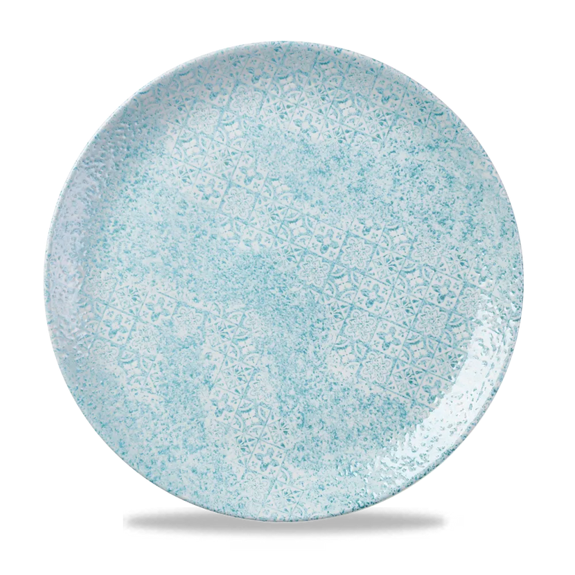Churchill Med Tiles Aquamarine Evolve coupebord Ø 28,8 cm – randloos gespikkeld bord voor hoofdgerechten