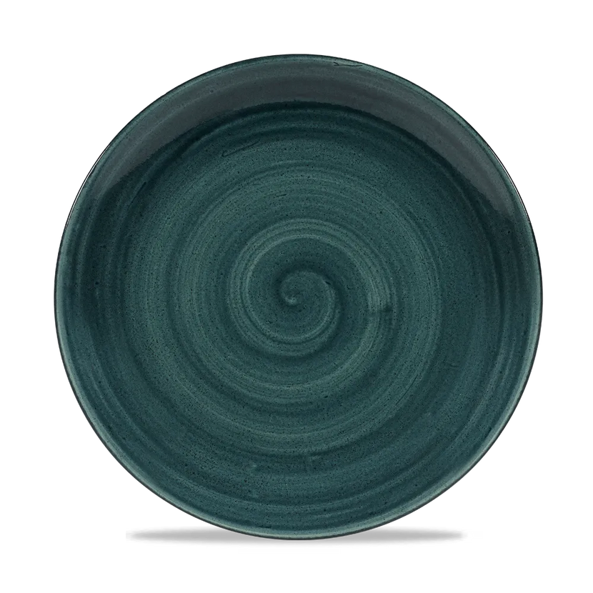 Churchill Stonecast Rustic Teal randloos coupebord 26cm – gespikkeld stoneware met reactief glazuur voor bars