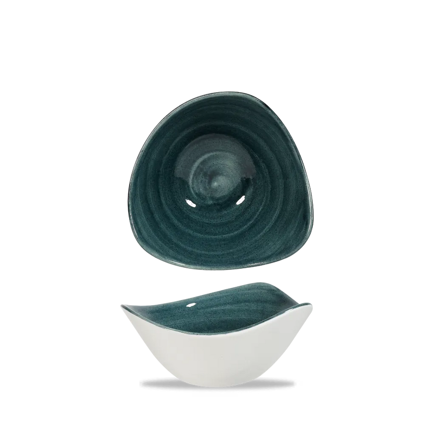 Churchill Stonecast Rustic Teal driehoekige kom 15cm – gespikkeld stoneware met reactief glazuur voor brasseries