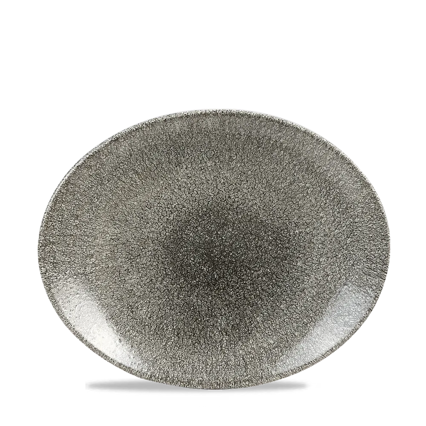 Churchill Raku Quartz Black ovaal coupebord 28.1cm – reactief geglazuurd stoneware voor buffetten