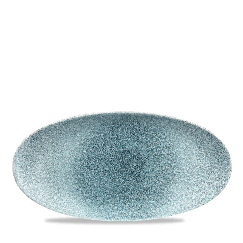 Churchill Raku Topaz Blue ovaal chefsbord 29,9 x 15 cm – gespikkeld porseleinen presentatiebord voor horeca