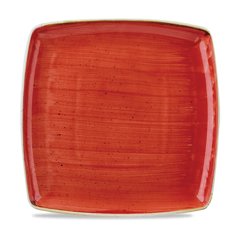 Churchill Stonecast Berry Red diep vierkant bord 26 cm – rood gemarmerd porseleinen bord voor restaurants