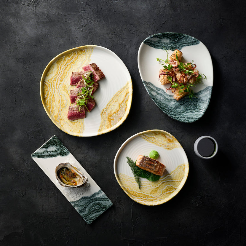 Churchill Tide Gold Contour collectie – goudkleurig porseleinen servies met swirl voor de horeca